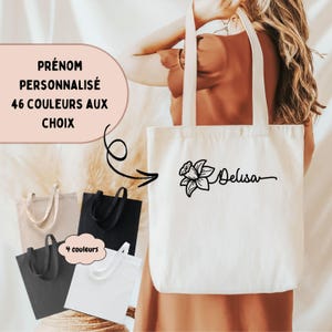 Tote Bag Personnalisé Avec Prénom et Fleur Collection  DELISA, Tote Bag coton pour Enfant et Adulte, Idée Cadeau Anniversaire, Evjf, Noël...