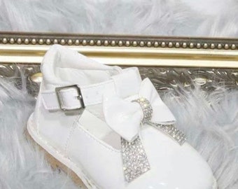 Girls  Diamonte Bow Hard Sole Shoe