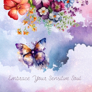 Könnte beinhalten: Ein Aquarellbild eines Schmetterlings mit violetten, orangefarbenen und braunen Flügeln. Der Schmetterling ist von einer Ansammlung von violetten, blauen und weißen Blumen umgeben. Der Hintergrund ist ein weicher violetter und blauer Aquarell-Wasch mit dem Text "Embrace Your Sensitive Soul".