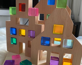 Wooden Window Houses with Original Version Lucent Acrylic Rainbow Light Cubes | Wooden Toys | Toddler | Kids | Montessori | Waldorf | Play