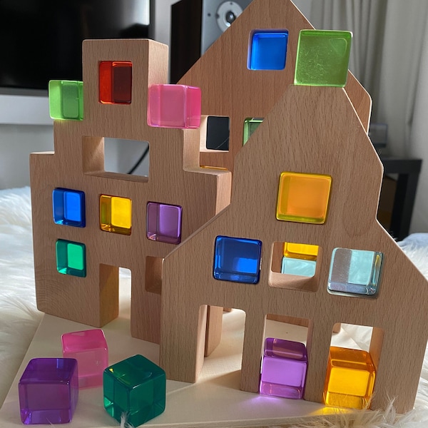 Maisons en bois avec fenêtre et version originale de cubes de lumière arc-en-ciel en acrylique Lucent | Jouets en bois | Tout-petit | Enfants | Montessori | Waldorf | Jouer