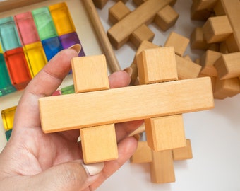 Building Start Kit: 12pcs of wooden grids+ 10 upgraded rectangular lucent cubes+ 10 square original version lucent cubes+ Montessori Tray |