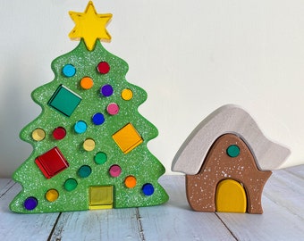Christmas Tree with our Upgraded Acrylics and little House | Lucent cubes and cylinders |Holiday Scenery |Waldorf Play |Wooden Toys |Rainbow