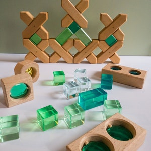 Vibrant Hues of Green Lucent Acrylics  Large Windowed Wooden Blocks | Toddler | Pretend Play | Light Blocks | Gem Blocks | Montessori | Play