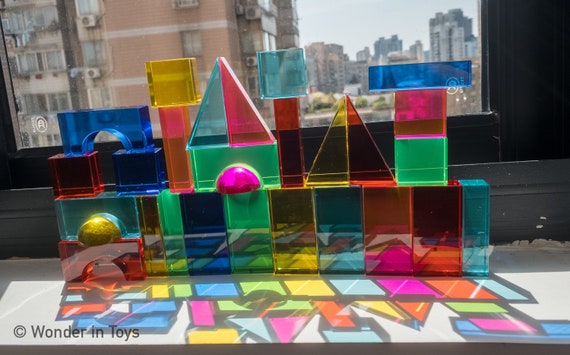 Set of 28 Translucent Geometrical Acrylic Blocks With Tray Light Blocks  Sensory Build Play Montessori Colourful Toddler Kids 