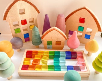 Waldorf Houses and Rainbow Acrylics| Forest Homes | Colourful Trees | Toys| Montessori | Toddler | Window House | Beveled Jelly Lucent Cubes