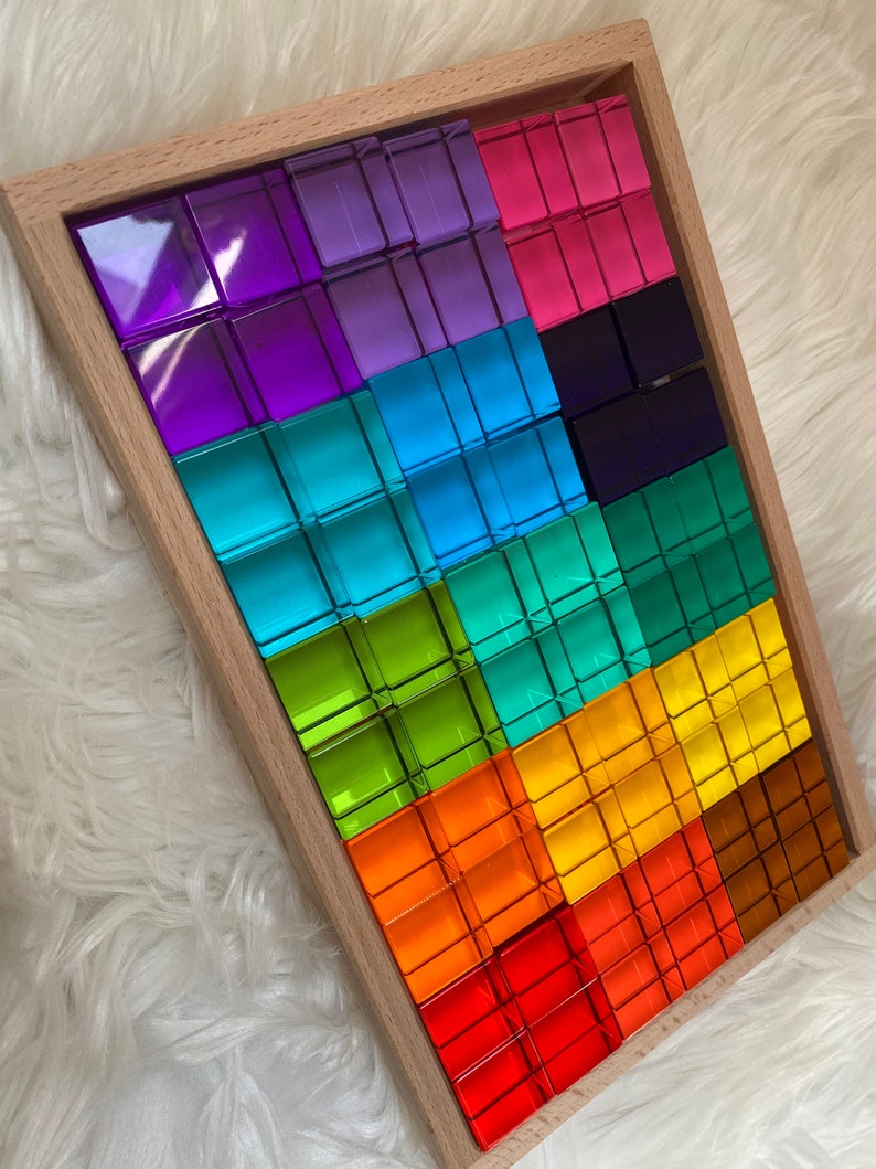 Lucent Rainbow Acrylic Cubes Upgraded Version Gem Cubes Light Cubes Montessori Playroom Toddler Kids Waldorf Play 60pcs Upgrade + Tray