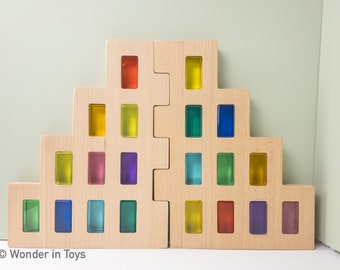Large Wooden Windowed Walls | Rainbow Acrylic Cuboids | Build | Creativity | Kids Toys | Open-ended | Waldorf | Bevelled edges | Montessori