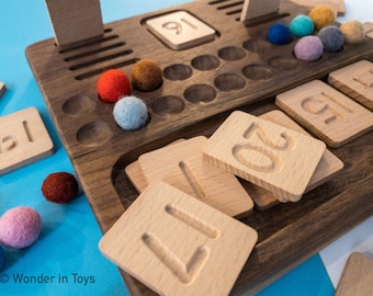 Wooden 0-20 Counting Set with Walnut Base and  Number blocks + Felt Balls | Math | STEAM | Nursery | Kindergarten | Wooden Toys | Education