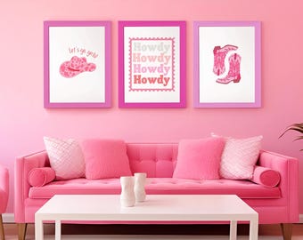 Trendy Cowgirl Wandkunst, rosa Wandkunst, Küsten Cowgirl, Howdy Print, rosa Cowgirl Druck, digitaler Download Dekor, Disco Cowgirl Druck