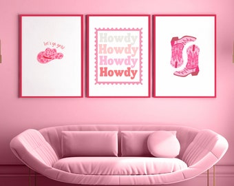 Trendige Cowgirl-Wandkunst, rosa Wandkunst, Western Pink Vibes Wandkunst-Set, Howdy-Druck, rosa Cowgirl-Druck, digitaler Download-Dekor