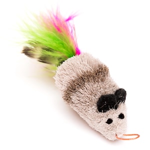 May include: A gray and brown plush cat toy shaped like a mouse with a long tail made of green, pink, and black feathers.
