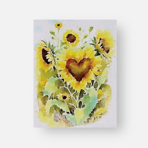 Carte de voeux vierge - Tournesols, coeur, merci, toute occasion, aquarelle peinte à la main.