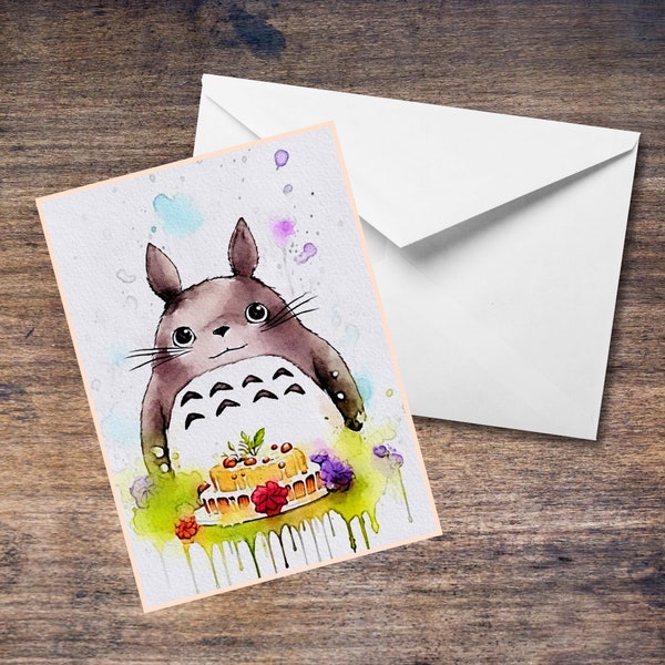 Totoro Cake Blank Greetings Card - Watercolour. Hand Painted. Customisable. Any Occasion. Studio Ghibli Fan Art