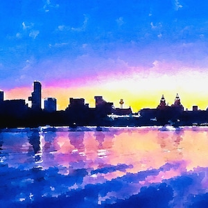 Carte de voeux vierge peinte à la main - Liverpool Skyline Sunrise, toute occasion, aquarelle