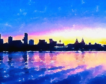 Carte de voeux vierge peinte à la main - Liverpool Skyline Sunrise, toute occasion, aquarelle