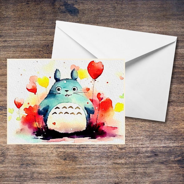 Totoro Blank Greetings Card - Watercolour. Hand Painted. Customisable. Valentine's Day. Birthday. Any Occasion. Studio Ghibli Fan Art
