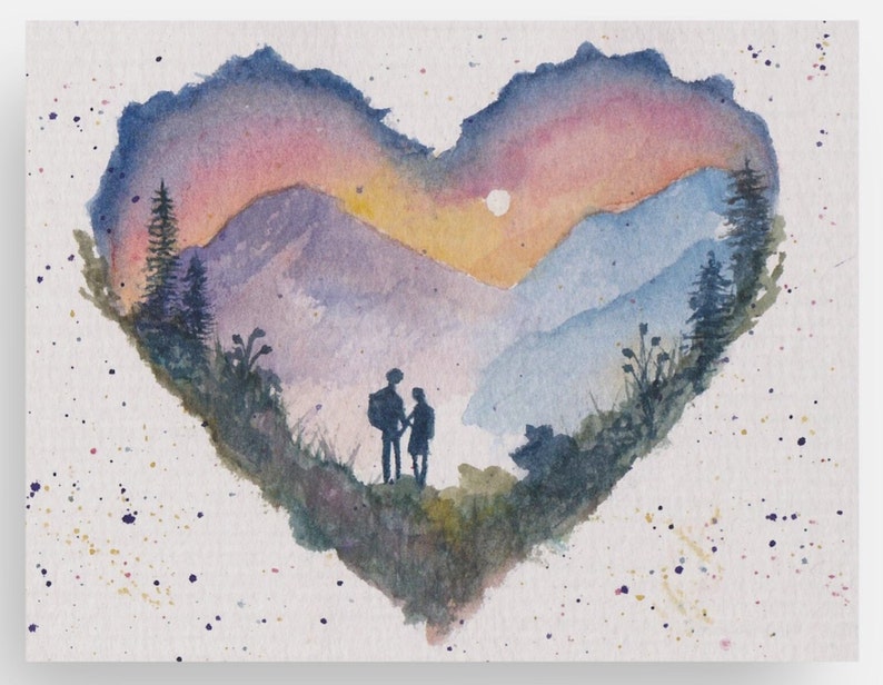 Carte de voeux vierge personnalisable montagnes, amour, peinte à la main. Randonnée, toutes les occasions, aquarelle. Lui/lui, elle, elle. image 3