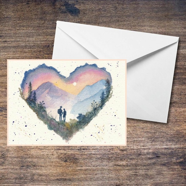 Mountains, Love, Hiking, Any Occasion, Watercolour. Him/him, her/her, her/him.