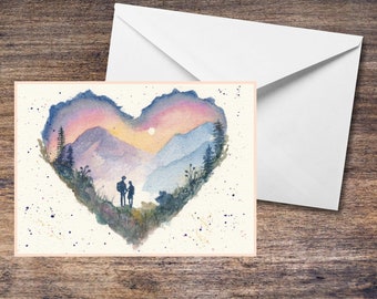 Customisable Blank Greetings Card - Mountains, Love, Hand Painted. Hiking, Any Occasion, Watercolour. Him/him, her/her, her/him.