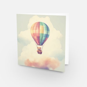 Tarjeta de felicitación en blanco con globo aerostático de peluche - recién nacido, cumpleaños, niños pequeños