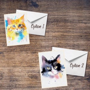 Tarjetas de felicitación en blanco con diseño de gato pintado a mano en acuarela, 12 opciones