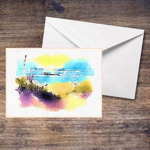 Paisaje marino, cualquier ocasión, acuarela original - Tarjeta de felicitación en blanco pintada a mano.