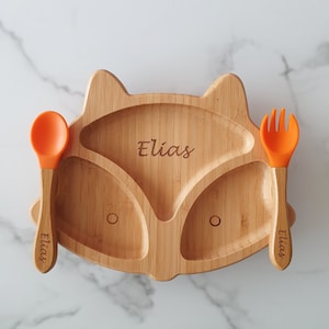 Personalisierter Bambusteller Saugnapf Kinderbesteck Holz Babybesteck Ostern Kindergeschirr Kinder Geschenk Baby Geschenk Geburtstag Taufe