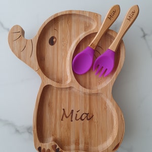 Personalized bamboo plate suction cup children's cutlery wooden baby cutlery Christmas children's tableware children baby gift birthday baptism image 4