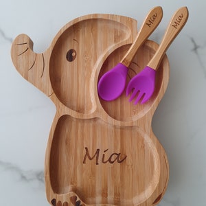 Personalisierter Bambusteller Saugnapf Kinderbesteck Holz Babybesteck Weinachten Kindergeschirr Kinder Baby Geschenk Geburtstag Taufe Bild 4