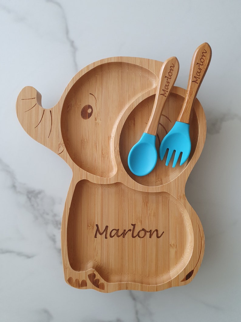 Personalized bamboo plate suction cup children's cutlery wooden baby cutlery Christmas children's tableware children baby gift birthday baptism image 3