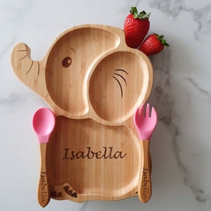 Assiette en bambou personnalisée avec ventouse, couverts pour enfants, couverts en bois pour bébé, vaisselle pour enfants de Noël, cadeau pour bébé, anniversaire, baptême image 1