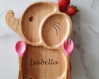 Assiette en bambou personnalisée avec ventouse, couverts pour enfants, couverts en bois pour bébé, vaisselle pour enfants de Noël, cadeau pour bébé, anniversaire, baptême