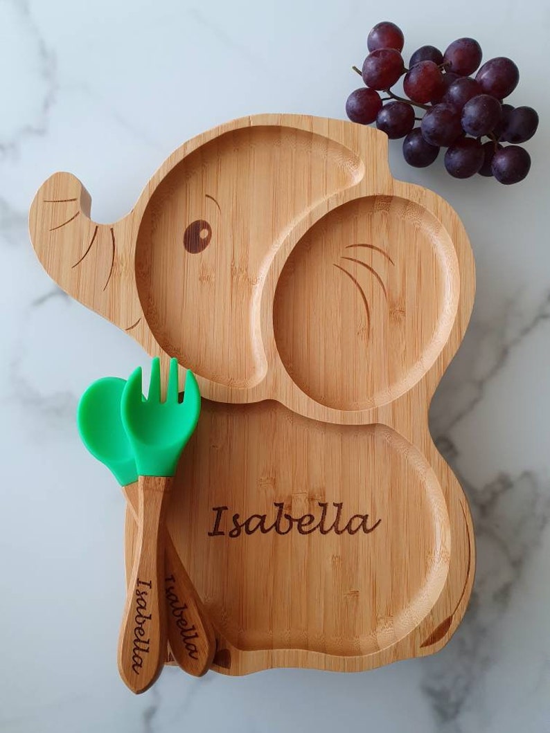 Personalized bamboo plate suction cup children's cutlery wooden baby cutlery Christmas children's tableware children baby gift birthday baptism image 2
