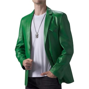 Men’s Green Lambskin Leather Blazer – Genuine Soft Leather Button Coat | Classic Slim Fit Jacket | Gift for Him | Custom Sizes