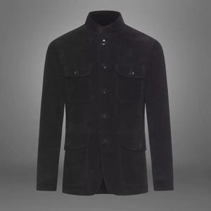 Handmade Black Suede Leather Blazer: Men&#39;s Button Coat