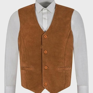 Men’s Tan Suede Leather Vest – Soft Genuine Leather Waistcoat | Handmade Sleeveless Jacket | Best Anniversary Gift for Him
