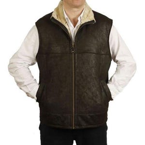 Men&#39;s Dark Brown Sheepskin Leather & Real Shearling Fur Gilet Vest – Premium Winter Bodywarmer