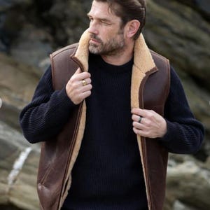 Cognac Sheepskin Leather Shearling Vest: Men&#39;s Luxury Bodywarmer