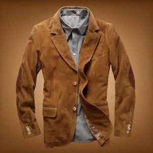 Men&#39;s Tan Suede Leather Blazer: Handmade Classic Button Coat