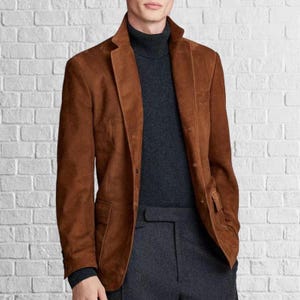 Handmade Tan Suede Leather Blazer: Men&#39;s Classic Button Jacket