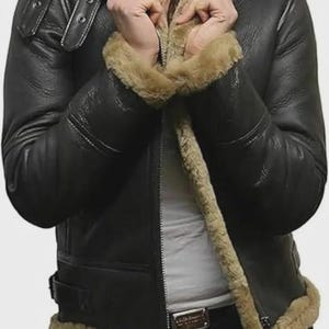 Women’s Black RAF Aviator Leather Jacket – Genuine Sheepskin Bomber Coat with Brown Faux Fur Shearling, Warm Winter Flight Jacket Gift