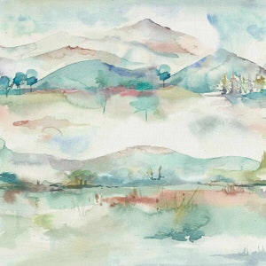 May include: Watercolour painting of a landscape with mountains, trees, and a river. The painting is done in shades of blue, green, and brown.