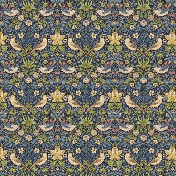 William Morris Strawberry Thief Navy Fabric, 100% Cotton, Printed Panama