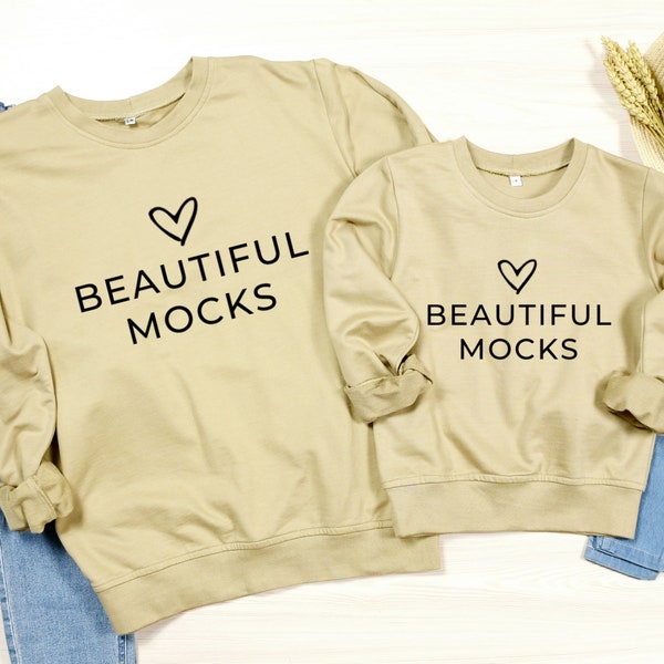 Beige Sweatshirt Mockup, Matching Sweatshirt Mockup, Family Sweatshirt Mockup, Mommy and me Mockup, Daddy and me Mockup, Mom & Baby Mockup