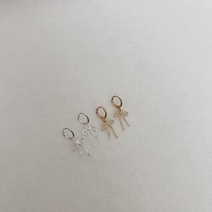 Gold bow huggie earrings, bow dangle earrings, silver earrings, Huggie earrings, drop earrings, stackable earrings, gift jewelry, minimalist