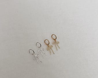 Gold bow huggie earrings, bow dangle earrings, silver earrings, Huggie earrings, drop earrings, stackable earrings, gift jewelry, minimalist