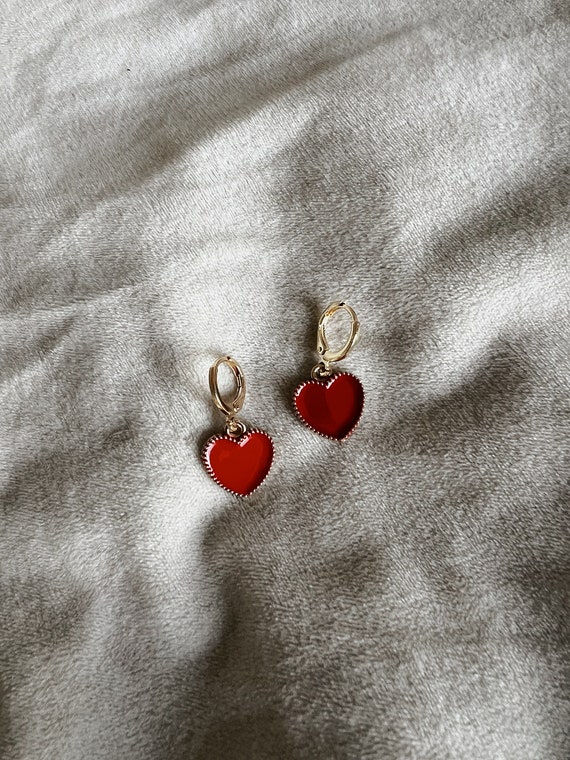 Red heart huggie earrings, gold dangle earrings,  huggie heart earrings, Huggie earrings, Huggie drop earrings, stackable earrings, gift