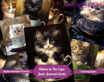 Kittens in Teacups Junk Journal Cards (Digital Download)