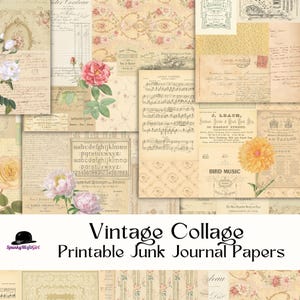 Kit de diario basura con collage vintage, juego de papel para diario basura, papel para diario basura amarillo y beige descolorido, tamaño carta de EE. UU., imprimible vintage